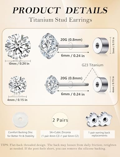 20G G23 Implant Grade Titanium Flat Back Stud Earrings for Women Men, Gold/White Gold Plated Tragus Labret Cartilage Helix F136 Piercing Jewelry for Sensitive Ears, with 4-6mm Cubic Zirconia - color: 2Pairs-20G-Silver-white-Stud Earring Sets