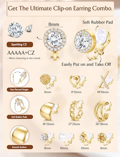 11 Pairs Clip on Earrings for Women 14K Gold Plated Clip Earring | Hypoallergenic Earrings for Non Pierced Ears, Chunky Cubic Zirconia Pearl Knot Flower Fake Ear Clips Set Jewelry - color: 14K Gold Plated