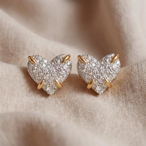 MEVECCO Pave Cubic Zirconia Stud Earrings for Women, 18K Gold Plated Brass | Pave CZ Fronts, Curved Gold Plated Edge Accents, Soft Motifs and Clean Geometric Styles - style: heart