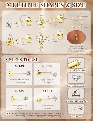 LOLIAS 18K Gold Plated Threadless Flat Back Earrings Studs Hypoallergenic | 316L Surgical Steel Push in Nose Rings Studs 20G CZ Tragus Cartilage Helix Conch Lip Labret Medusa Nostril Piercing Jewelry - color: 18K Gold Plated, size: 20G(0.8mm)-Star&CZ&Ball