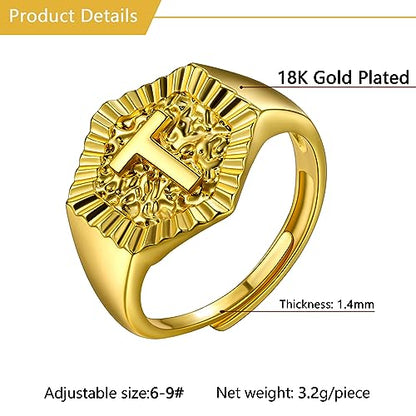 U7 Initial Ring Wedding Band for Men Women 18K Gold Plated Statement Hexagon A-Z Letter Jewelry Personalized Stackable Signet Rings - color: T