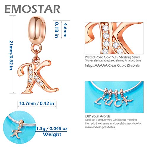 EMOSTAR Letter Charms Initial A-Z Alphabet Beads, Rose Gold 925 Sterling Silver Dangle CZ Birthstone Pendant, Gifts for European Charm Bracelet/Mothers Day/Birthday - color: Letter K