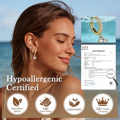 14K Gold Hoop Dangle Stud Earrings Surgical Steel Helix Piercing | Hypoallergenic,Cubic Zirconia,3 Pairs Huggie Hoop Set for Women,Dangle Stud,Cartilage Tragus Conch Earring,Jewelry Gift - color: A3-Gold Chain Earrings
