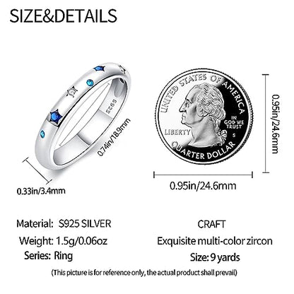 KUNSIR 925 Silver Cubic Zirconia Ring Size 7-9 Wedding Band Sterling Silver Eternity Ring Modern Style - style: Blue and Silver Stars Ring