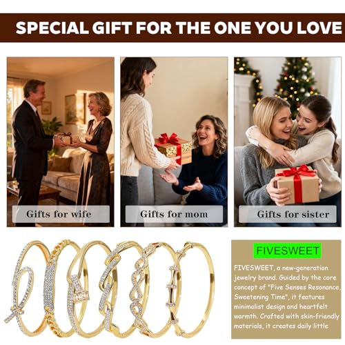 Pack of 6 - Gold Bracelet Bangles Bulk Set for Women,Trendy Stackable, Zinc Alloy Rivet & Four-Leaf Clover Design Stackable Bangles with Rhinestones, 7-inch Circumference Fits Most Adults, Jewelry Gift for Her, Girlfriend, Wife, Mom, Sister, Lover on Birt