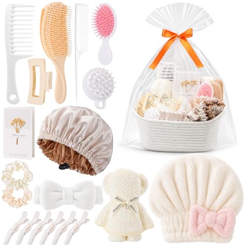 20 Pcs Gift Basket for Women Hair Care Pack Includes Self Care Beauty Set Hair brush Set for Women, Mom Friend Sister Wife Grandma Girlfriend Daughter (White) - color: White