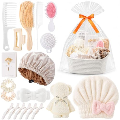 20 Pcs Gift Basket for Women Hair Care Pack Includes Self Care Beauty Set Hair brush Set for Women, Mom Friend Sister Wife Grandma Girlfriend Daughter (White) - color: White