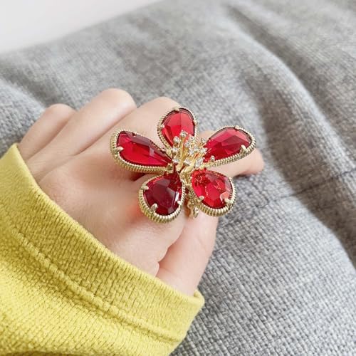 Large Flower Crystal Ring, Crystal Petal Ring, Size Adjustable, Fashion Ladies Must - color: Red