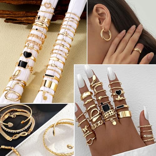 17IF 38-59 Pcs(9-8 Pack) Gold Plated Jewelry Set for Women With 8 Necklace 12 Bracelet 27 Ring 12 Pair Earring Hoop Simple Sparkle for Happy - style: Golden-38Pcs