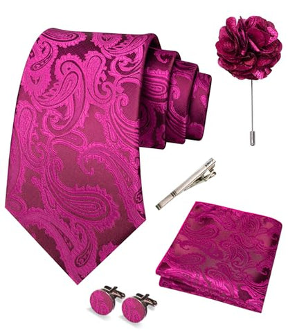 JEMYGINS Mens Paisley Tie and Pocket Square,Lapel Pin,Cufflinks,Tie Clip Sets with Gift Box 5PCS - color: Hot Pink