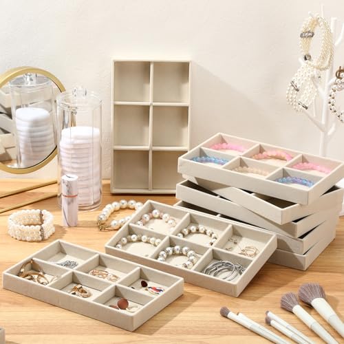 Highergo 8 Pcs Velvet Jewelry Trays Stackable Drawers Organizer Ring Earring Bracelet Necklace Storage Trays, 8.3x4.7x1''(6 Grids) - style: 6 Grids