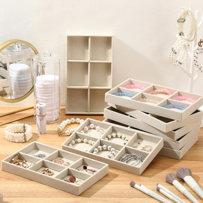 Highergo 8 Pcs Velvet Jewelry Trays Stackable Drawers Organizer Ring Earring Bracelet Necklace Storage Trays, 8.3x4.7x1''(6 Grids) - style: 6 Grids
