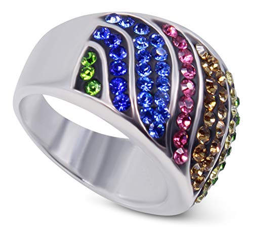 Savlano 18K White Gold Plated Rainbow Colorful Ring for Women