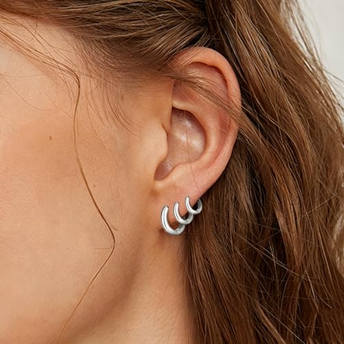 HILXURY 6 Pairs Small Gold Huggie Hoop Earrings for Women, 14K Gold Plated Cartilage Piercings Hoop Earrings Hypoallergenic, Trendy Lightweight Chunky Hoops Set for Women Gifts. - color: C- Silver