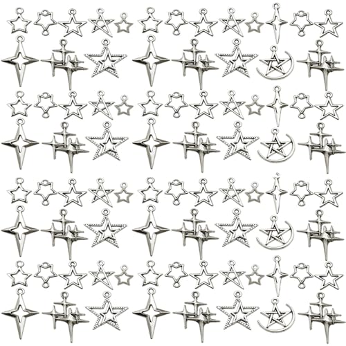 150pcs Alloy Ancient Silver Four Star Series Pendant Jewelry Making DIY Keychain Earrings Pendant Various Design Charms for Jewelry Making Bracelets Necklace (SN712) - color: SN712