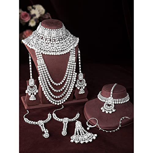 Aheli Traditional Wedding Indian Bharatanatyam jewellery set Long Choker Necklace Earrings Maang Tikka Nath Paasa Hath Phool for Women - color: Rhodium White
