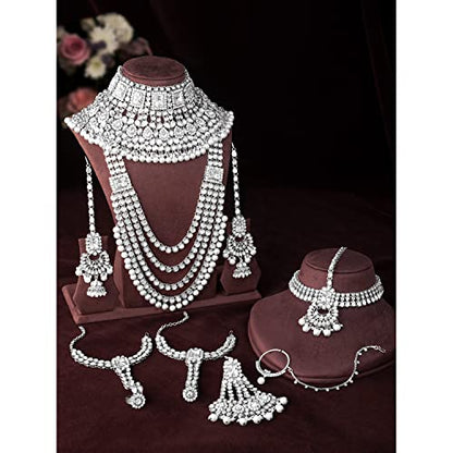 Aheli Traditional Wedding Indian Bharatanatyam jewellery set Long Choker Necklace Earrings Maang Tikka Nath Paasa Hath Phool for Women - color: Rhodium White