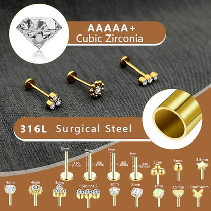 15Pcs 20G/18G/16G Flat Back Push in Stud Earrings 316L Surgical Stainless Threadless nose rings Medusa Piercing Jewelry Hypoallergenic Labret Studs Lip Rings ring for Women Men Be Equipped With Ball Grabber Tool - color: Golden, size: 16G(1.2mm)