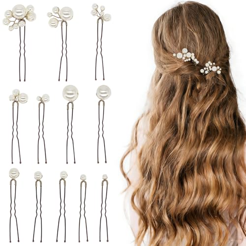 12Pcs Bridal Pearl Hair Clip, Wedding Hair Accessories for Party, Various Styles Handmade Pearl Decorations Supplies, Wedding Pins for Bridesmaid Bride