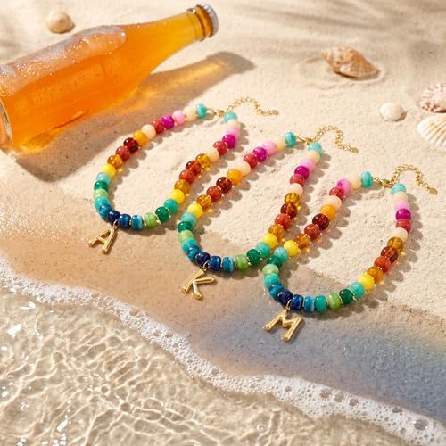 Chunky Beaded Bubble Initial Pendant Necklace Jewelry for Women | Big Large Bead Choker Letter Necklace Summer Beach Beachy Womens Statement Charm Gifts - color: Colorful M