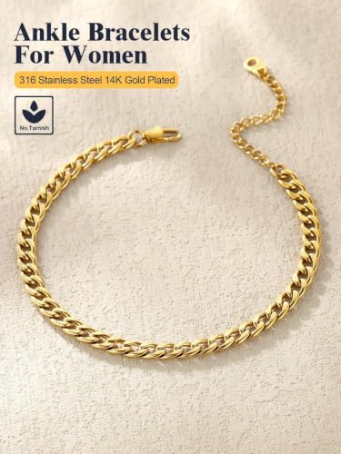 U7 Ankle Bracelets for Women Stainless Steel Waterproof Tarnish Resistant | 18K Gold Plated/Silver/Rose Gold Anklets, Cuban Chain Anklet Bracelets, Perfect for Summer Beach and Vacation Outfits - color: Gold Plated-5mm-Curb Chain