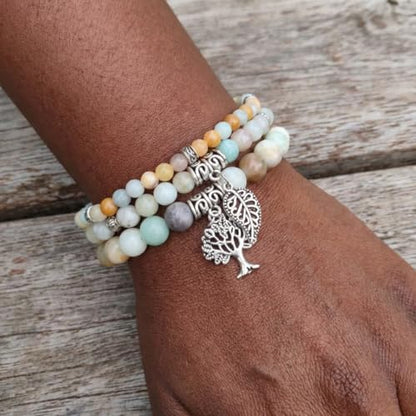 YGLINE Tree of Life Yoga Healing Stone Bracelets,Multilayer Lotus Chakra Stone Reiki Bracelet Sets,Anxiety Crystal Natural Stone,for Women Stress Relief - color: Amazonite-3w