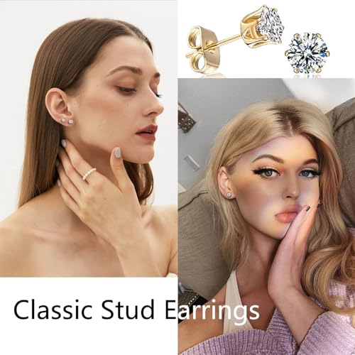 Ringcal Stainless Steel Stud Earrings Set Hypoallergenic Cubic Zirconia 14K White Gold CZ Earrings for Women - color: Gold-6Pairs-3 4 5 6 7 8mm