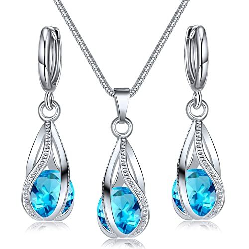 IFKM Silver Jewelry Sets for Women Rhinestone Crystal CZ Bridal Bridesmaid Accessories Necklace Earrings set for Wedding Prom Anniversary Birthday Gifts - color: Cambridge Blue