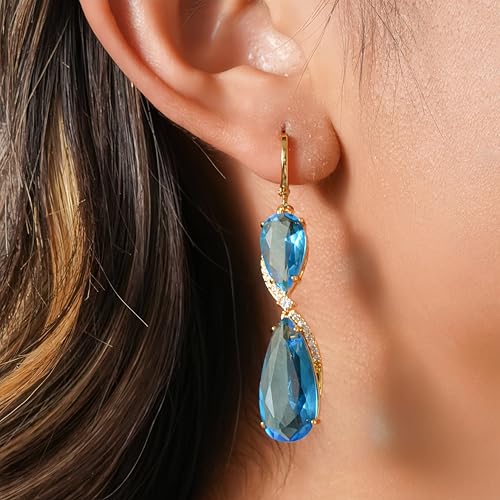 18K Gold Plated Flower Dangle Earrings for Women, Hypoallergenic Cubic Zirconia Earrings, Elegant CZ Drop Earrings, Statement Jewelry Gifts Party Fashion - style: OBS7507-Blue