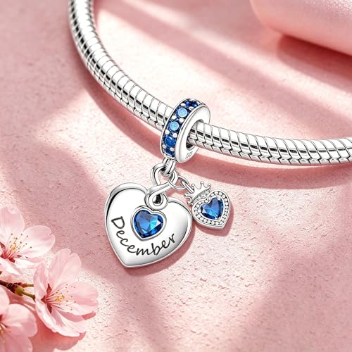 BLUELUNE Birthstone Charms, 925 Sterling Silver Dangle Charm with 5A Cubic Zirconia for Bracelets or Necklaces, Birthday, Mother's Day Present for Women - color: December