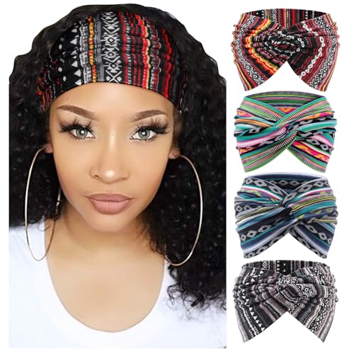 DRESHOW 4 Pack Turban Headbands for Women Wide Vintage Head Wraps Knotted Cute Hair Band Accessories - color: 4 Pcs Twist Headbands: Tribal, Gray Tribal, Blue Stripe, Rainbow