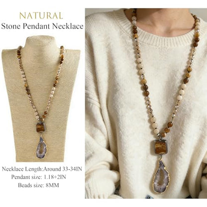 Yomisa Long Necklaces for Women Trendy, 33/34/35 inch | Boho Beaded Necklaces for Women, Natural Stone Pendant, Handmade Knotted Bead, Bohemian Holiday Summer Western Charm Jewelry - color: 34inch-Fossil