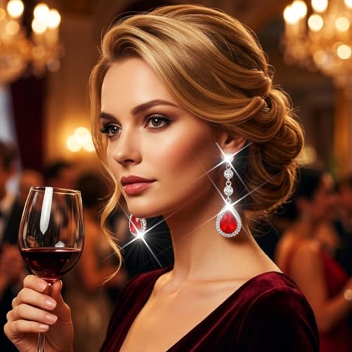 Catery Rhinestone Earrings Silver Crystal Teardrop Earrings Long Wedding Jewelry for Women - color: Red