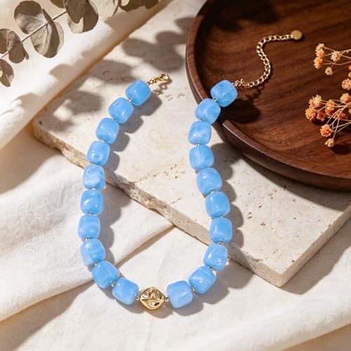 Beaded Necklaces for Women Boho Chunky Necklace Statement Big Resin Bead Choker Fashion Summer Beach Jewelry - color: Sky Blue