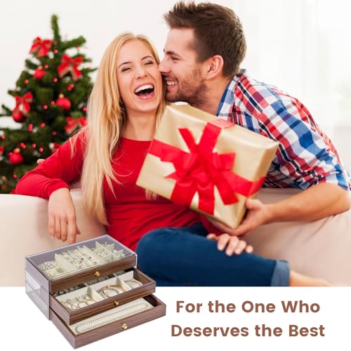 Wooden Jewelry Box for Women, 3-Layer Jewelry Organizers and Storage with 3 Drawers & Velvet Trays, Large Earring Holder, Necklace Ring Travel Case, Gift Box for Drawer, Wood - size: 3-Layer