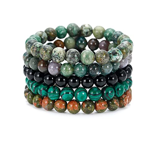 BOMAIL 5PCS Semi-Precious Gemstone Beaded Bracelet 8mm Round Beaded | Healing Crystal Stone, Stretch Bracelets, Unisex, Handmade,Elastic,Yoga Beads Bracelets,Jewelry Gift - color: D