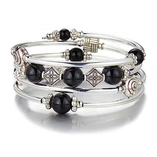 Beaded Pearl Bangle Wrap Bracelet - Fashion Bohemian Jewelry Multilayer Charm Bracelet with Thick Silver Metal Beads, Gift For Women - color: Black