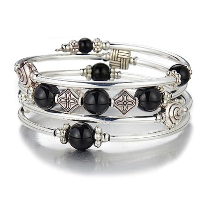 Beaded Pearl Bangle Wrap Bracelet - Fashion Bohemian Jewelry Multilayer Charm Bracelet with Thick Silver Metal Beads, Gift For Women - color: Black