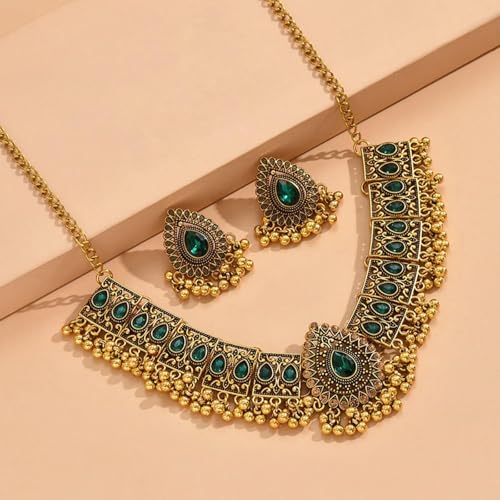 Frodete Indian Jewelry Sets for Women Traditional Bohemian Wedding Jewelry Set Indian Dresses for Women Oxidized Ethnic Party Prom Wear - color: B3:green indian necklace earring sets