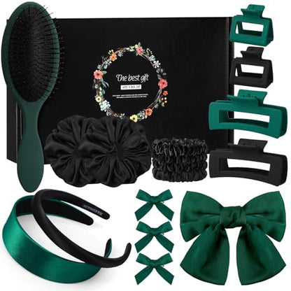 Dark Green Hair Accessories Kit for Women, 25 PCS Set Included Hair Scrunchies, Claw Clips, Bow Clips, Hair Brush and Headband Hair Gift Set for Women Girls