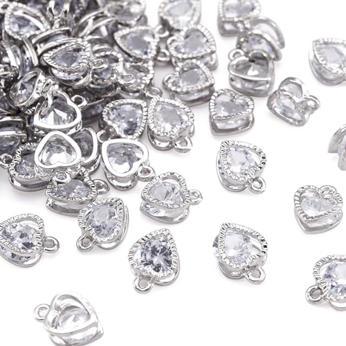 Beadthoven 100pcs Cubic Zirconia Alloy Charms Heart Shaped Platinum Pendants for Jewelry Making Choker Tiny Dangle Accessories - color: Platinum-Heart