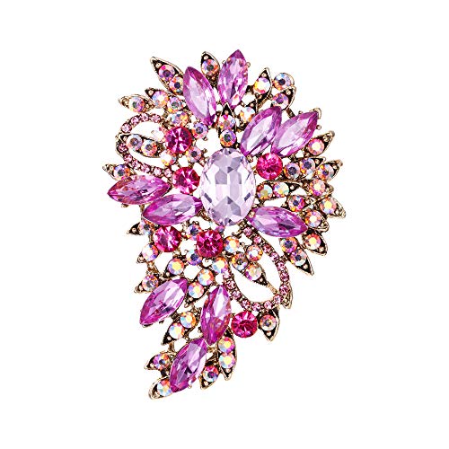EVER FAITH Women's Austrian Crystal Wedding Flower Leaf Bouquet Brooch - color: Pink Antique Gold-Plated-Base