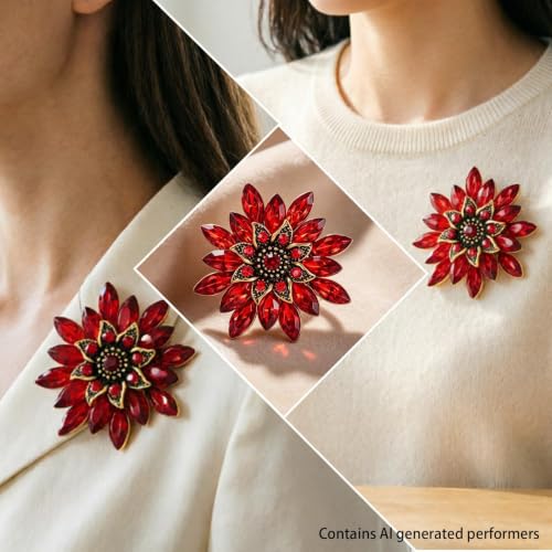 Crystal Flower Brooch Pin for Women Rhinestone Floral Lapel Jewelry - color: red