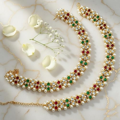 Efulgenz Indian Anklet Bracelet Bridal Crystal Faux Pearl Jhanjara Payal - color: Multi