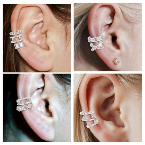 12pcs Silver Ear Cuffs Non Piercing, Alloy Non Pierced Clip on Cartilage Adjustable Stylish Fake Earrings for Women