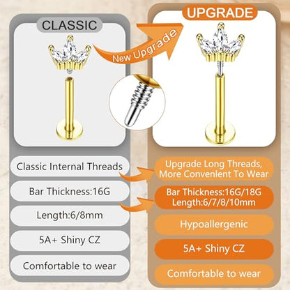 YADOCA 16G 18G Helix Flat Back Tragus Piercing Jewelry Earrings for Women | Hypoallergenic Surgical Steel Cartilage Earrings Daith Conch Medusa Nose Piercing Jewelry Gold Stud Earrings Set 6 7 8 10 MM - color: Gold, size: 18G(1.0MM)-6MM-New