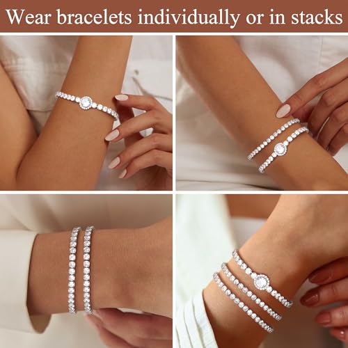 YADOCA 3Pcs Silver Tennis Bracelets For Women Diamond Bracelets Jewelry | Silver Bracelet Stack Cubic Zirconia CZ Adjustable Stackable Bracelets Set For Prom Wedding Gift - style: C:Round CZ-1