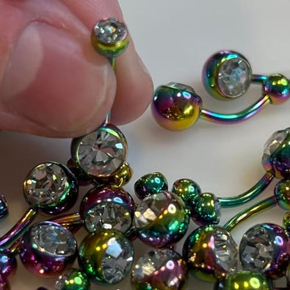 14GA Surgical Steel & Synthetic Opal Resin Belly Button Rings for Women | 3/8" Length, 5mm x 8mm Ball, Classic Look, Super High Quality - style: Titanium Rainbow/Clear