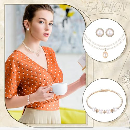 Glenmal Pearl Rhinestone Jewelry Set for Women Pearl Necklace Bracelet Earrings for Wedding Halloween Bridal Shower Tea Party - style: Delicate Style
