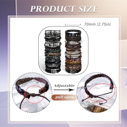 31Pcs Braided Leather Bracelets for Men Women Punk Wrap Wood Beads Bracelets Adjustable Hemp Cords Ethnic Tribal Handmade Wrap Wristband Punk Gothic Evil Eye Skull Skeleton Bracelet